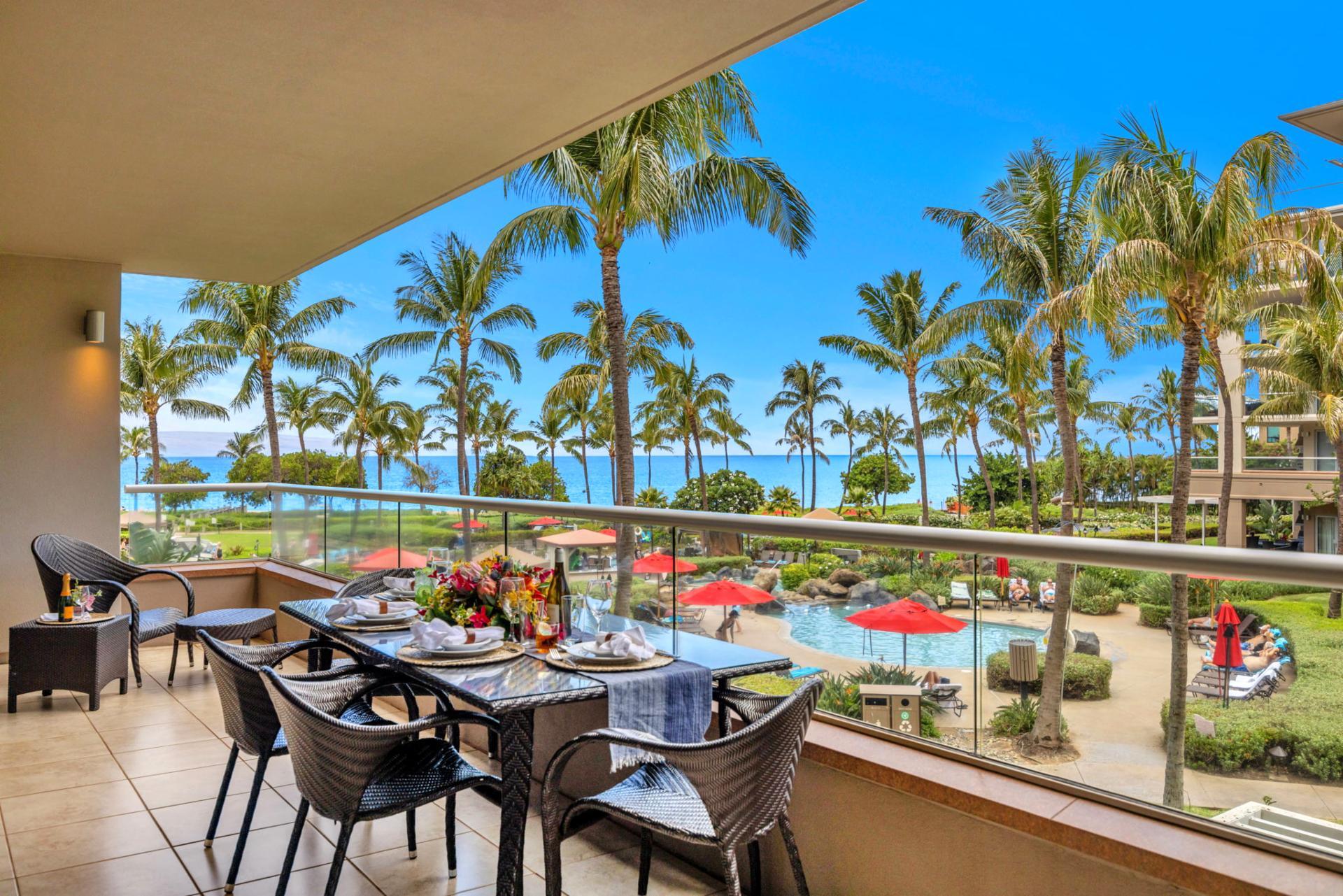 Host sunset dinners on your private lanai with seating for six and relaxing resort views.