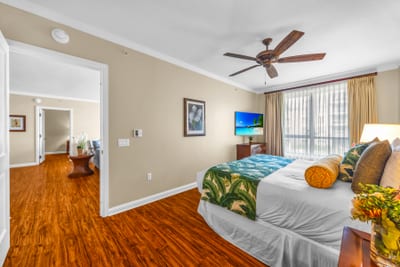 Welcoming guest bedroom with warm island touches