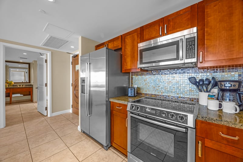 Stainless steel appliances and generous counter space for easy cooking