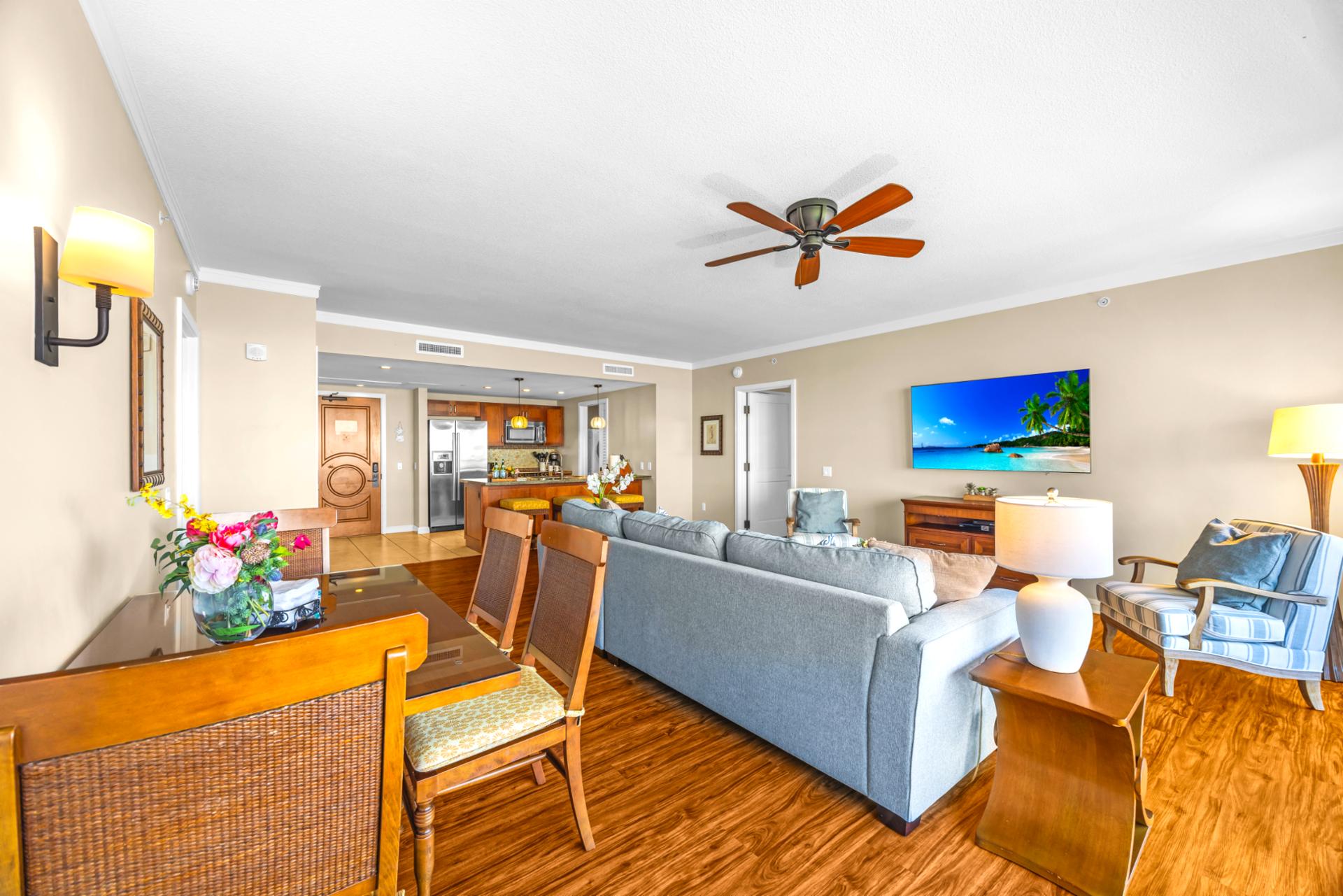 Open concept space that flows from kitchen to living with ease