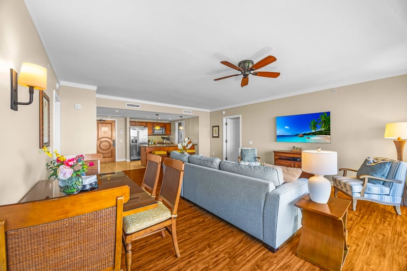 Open concept space that flows from kitchen to living with ease