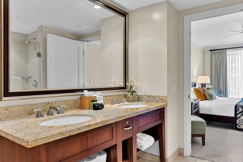 Dual-sink vanity and lots of counter space makes getting ready for the Kaanapali Beachwalk a breeze