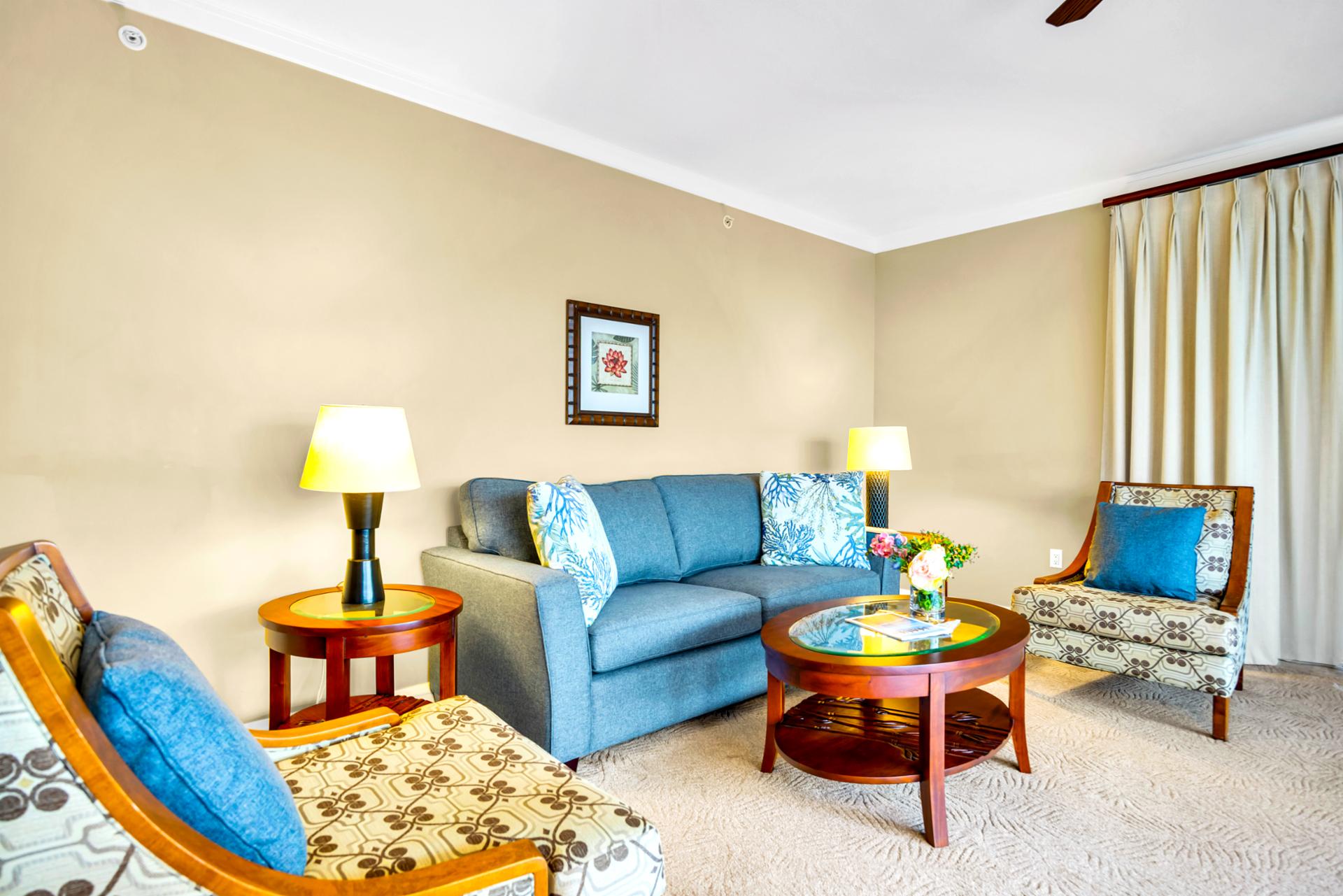 Spread out in the living area with comfortable seating and a queen sofa sleeper, perfect for movie nights after pool time.