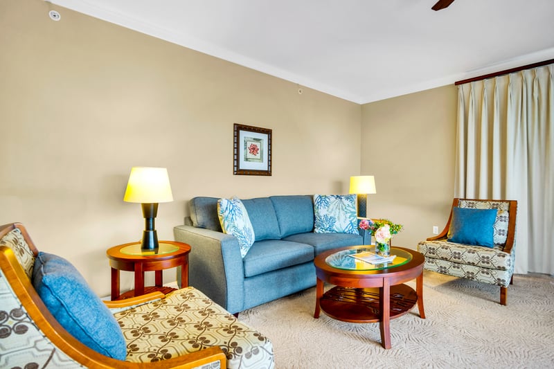 Spread out in the living area with comfortable seating and a queen sofa sleeper, perfect for movie nights after pool time.