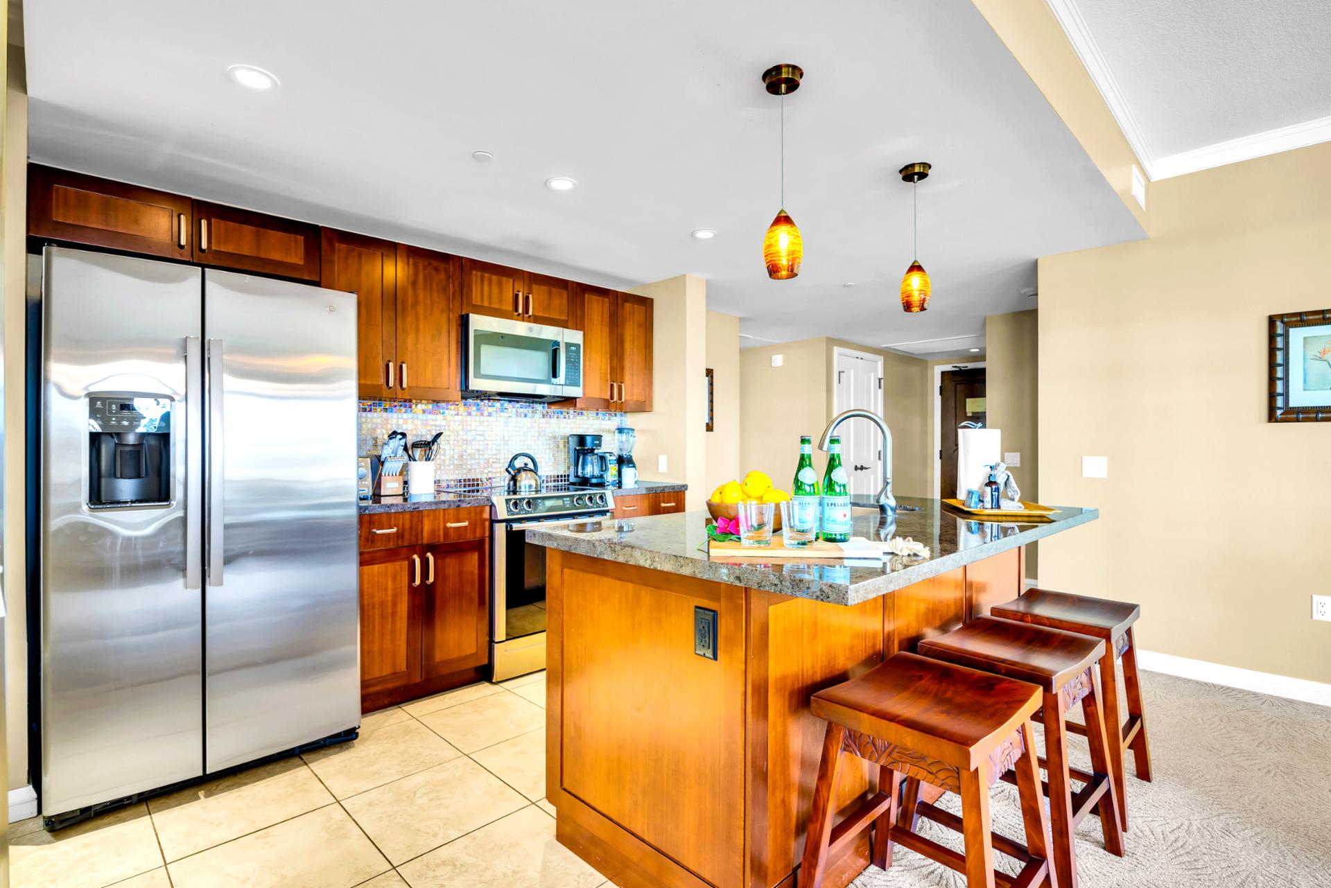Cook with stainless appliances and generous counter space, so weeknight meals and fresh island fruit prep feel effortless.