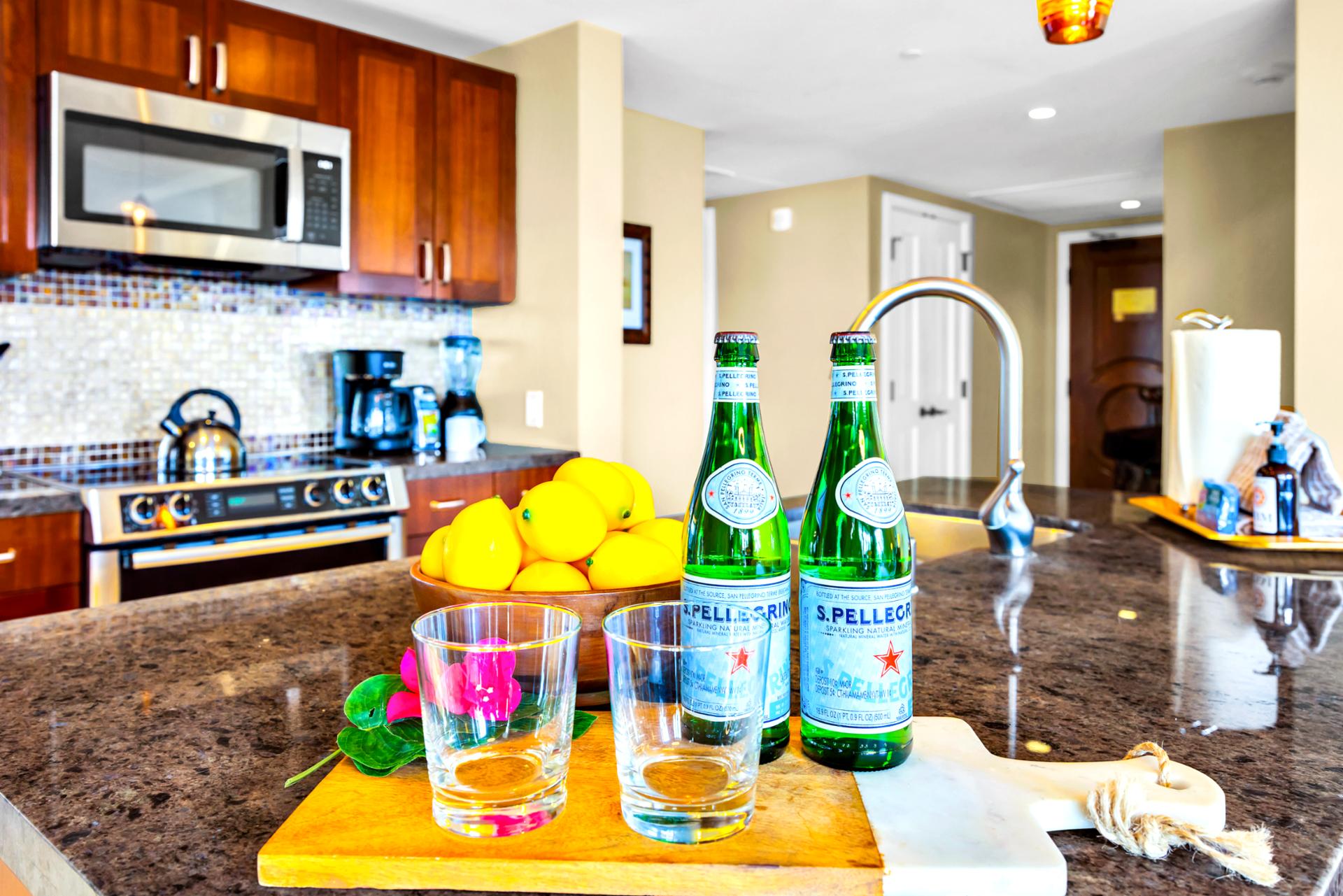 Mix a round at the kitchen counter with room for snacks and drinks, then drift into the living area for conversation.