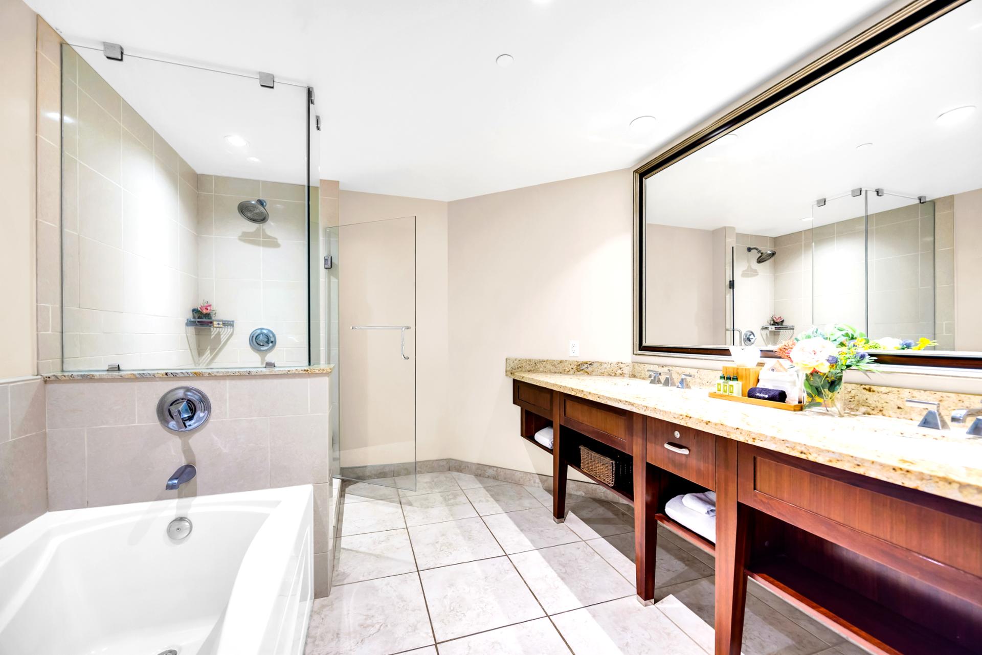 Your spacious Master Bath has everything you need, including separate sinks, lots of counter space, and luxury L'Occitane amenities to elevate your routine.