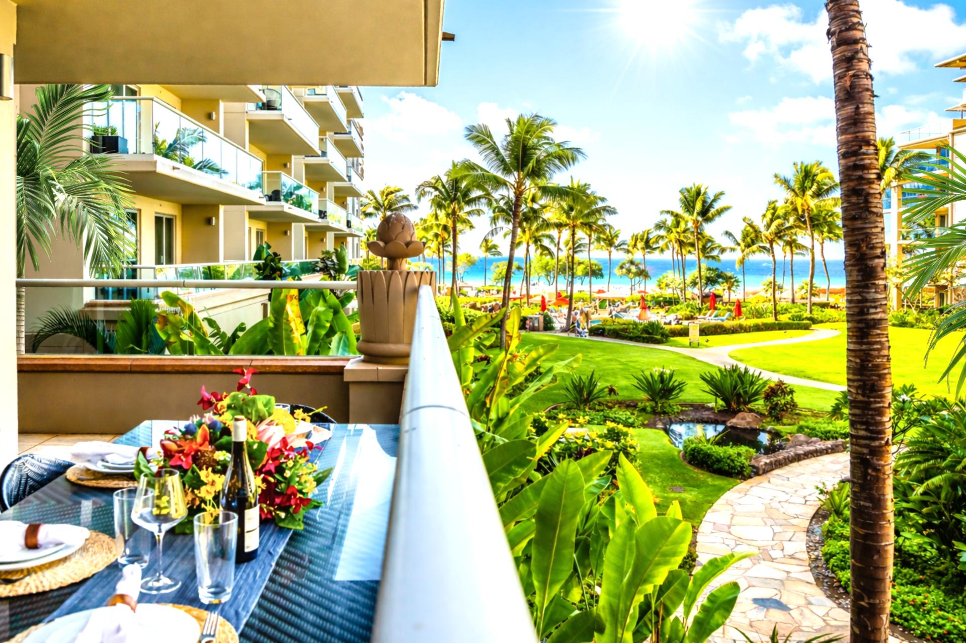 Sip coffee on your lanai seating as tropical landscaping opens to blue water beyond, bringing the resort energy right to you.
