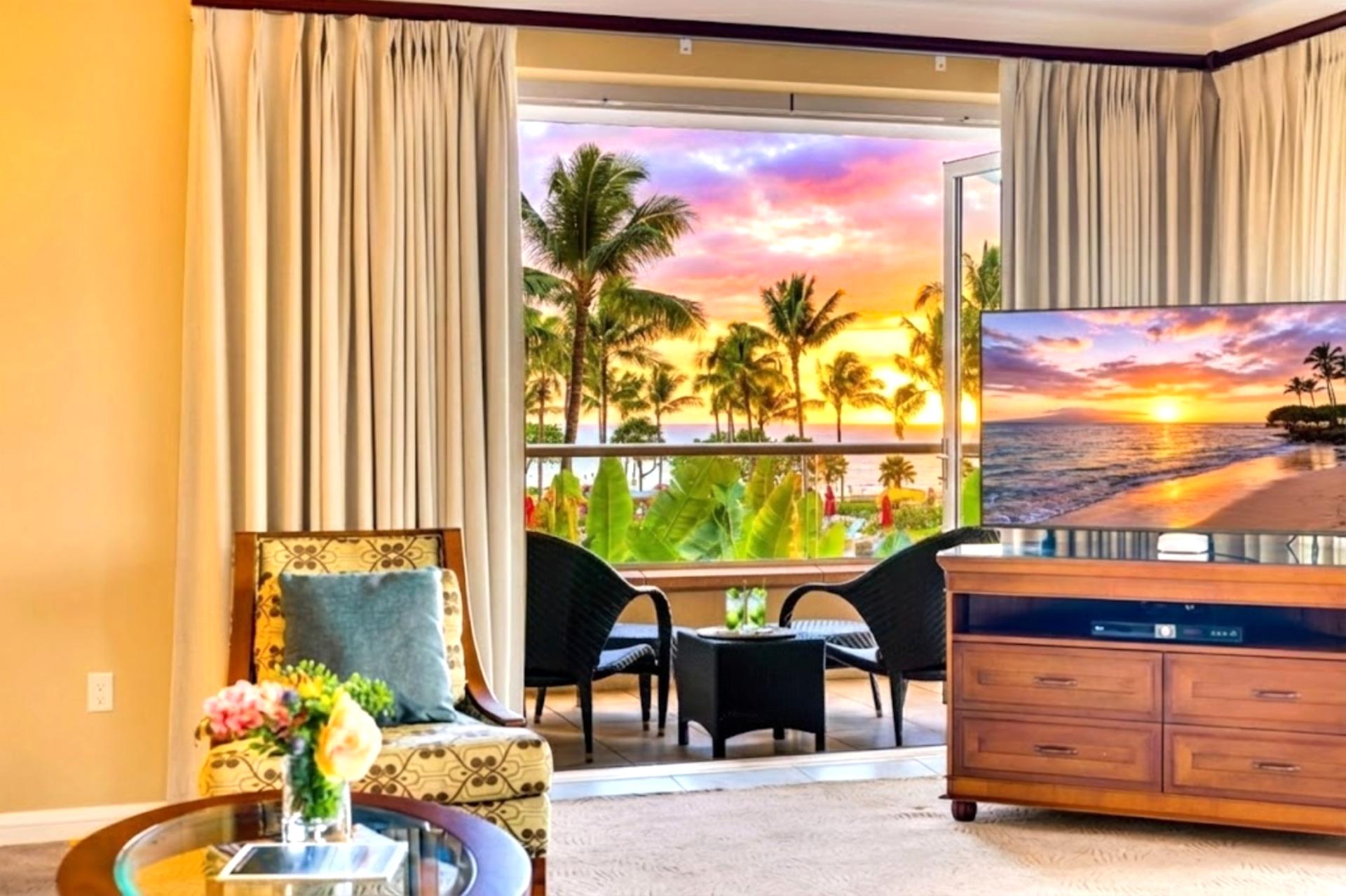 Make yourself at home with a media console and bright seating, plus sliding doors that keep the lanai and views close.