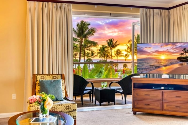 Make yourself at home with a media console and bright seating, plus sliding doors that keep the lanai and views close.