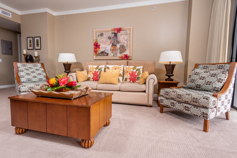 Inviting living room with floral accents and tropical island charm. HKK-225