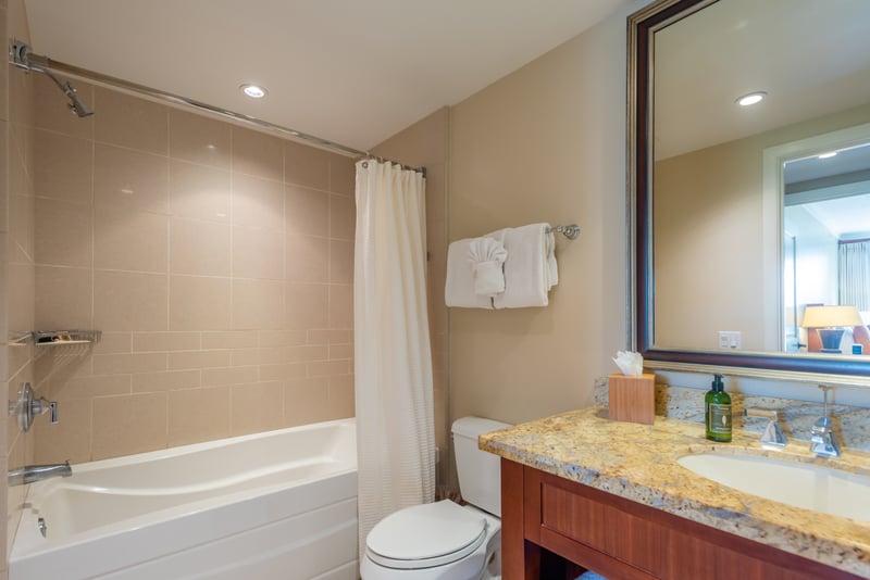 Guest bath with marble sink and oversized mirror - complete with amenities!