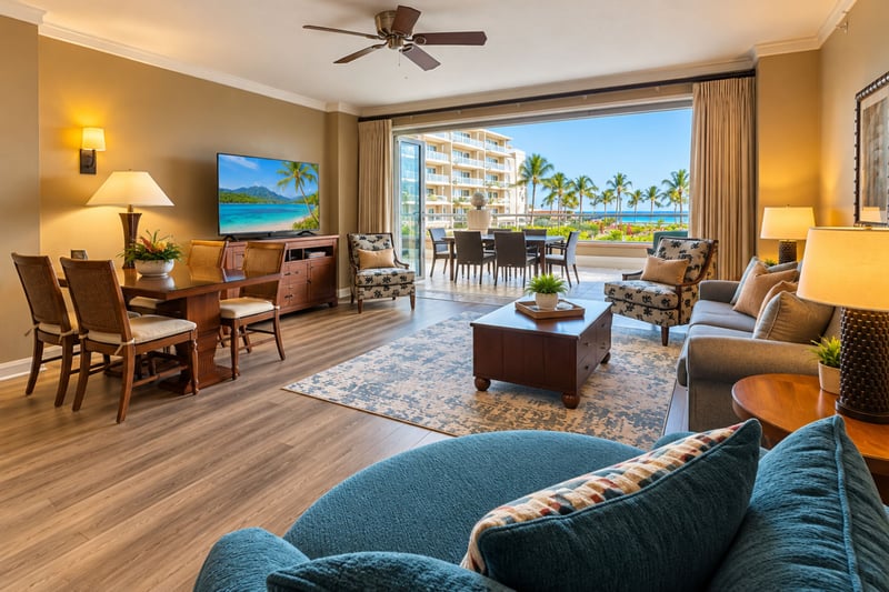 Comfortable seating surrounds the coffee table and faces wide glass doors that open to the lanai, swaying palms, and the ocean. HKK-229