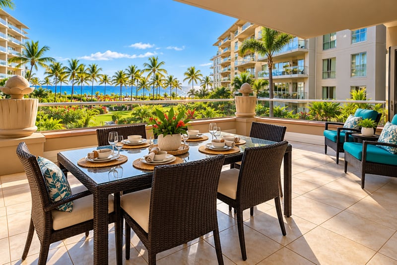 Dine outdoors on the lanai with ocean, palm, and tropical garden views, a welcoming setting for breakfast or an evening meal. HKK-229