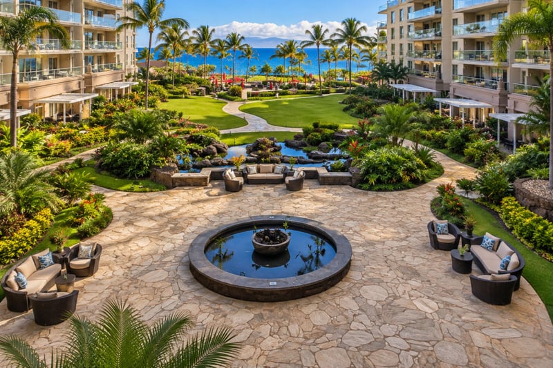 The resort courtyard features a water feature, lush tropical gardens, and shaded seating, with a lawn path leading toward the ocean. HKK-229