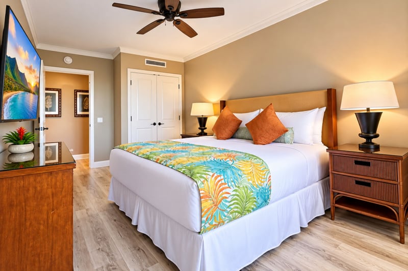 Your guest bedroom offers matching bedside lamps, a double-door closet, and a ceiling fan, with easy hallway access to the hall bathroom. HKK-229