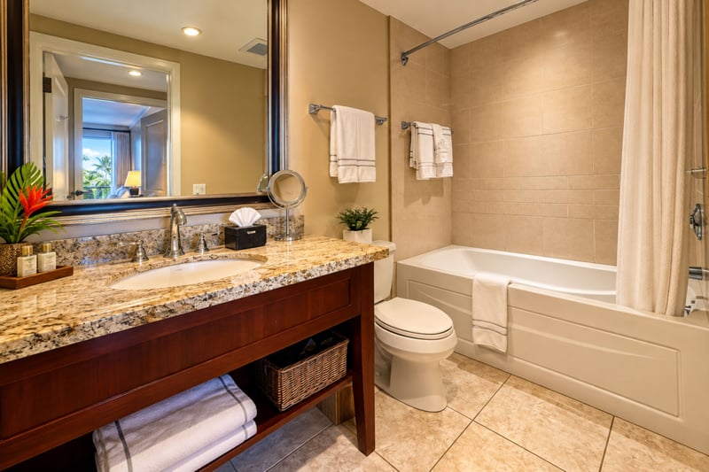 The hall bathroom pairs a granite vanity and open storage shelf with a tub and shower combination, stocked with fresh towels. HKK-229