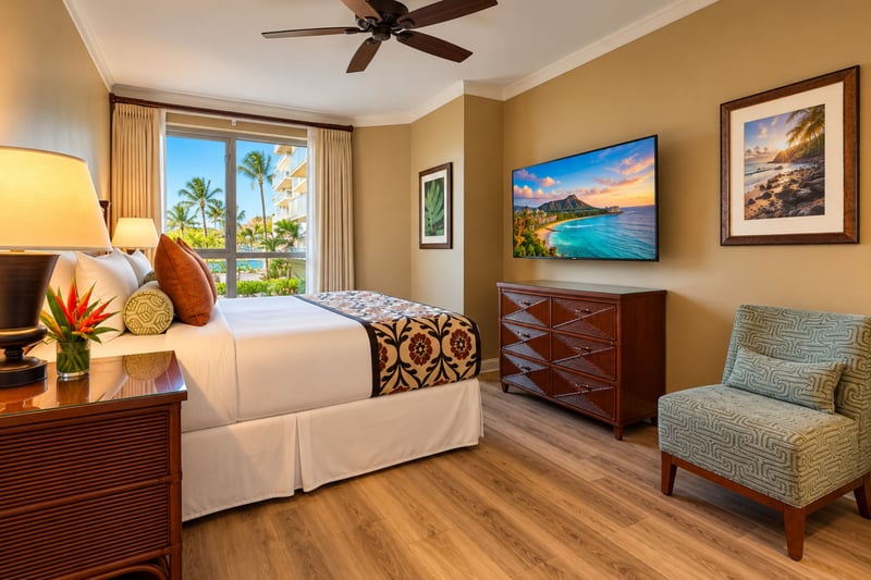 Wake to garden and ocean glimpses in the primary bedroom, finished with a cushioned accent chair, wide dresser, and wall-mounted TV. HKK-229