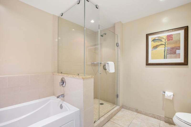 Relaxing soak or refreshing shower in spa-inspired bathroom retreat.