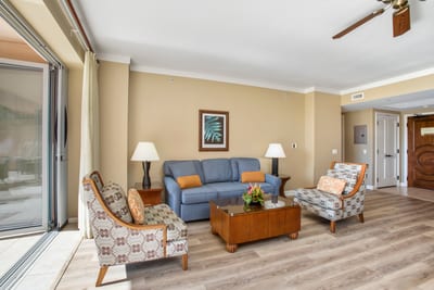 Cozy island living room with sunshine, comfort, and tropical style.