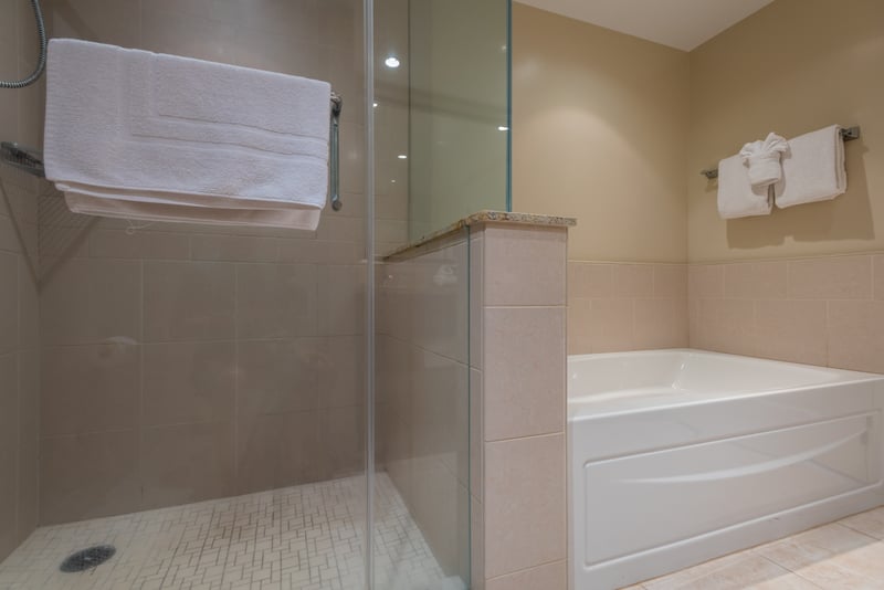 Floor to ceiling glass shower with adjacent tub for long soaks after island adventures