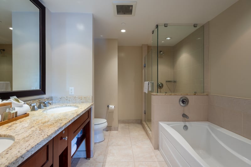Luxurious bathroom with granite vanity, glass shower, and soaking tub