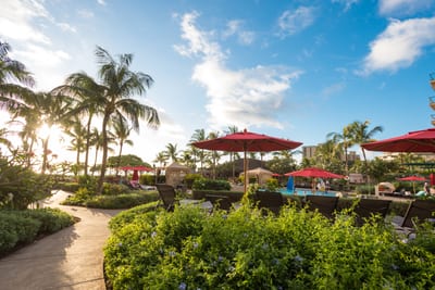 Golden hour glow, lush gardens, red umbrellas, tropical resort serenity.
