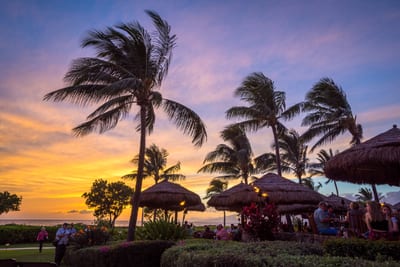 Vibrant sunset skies, swaying palms, tiki torches, beachfront dining bliss.