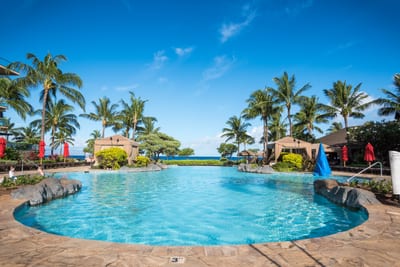 Tropical paradise pool with ocean view, perfect sunny escape.