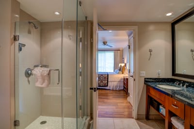 Glass walk-in shower and granite vanity complement tropical bedroom view.