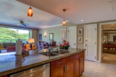 Modern kitchen island with open layout to living and dining areas.