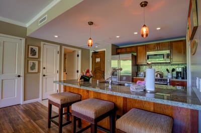Warm wood cabinetry, granite island, and modern stainless steel appliances.