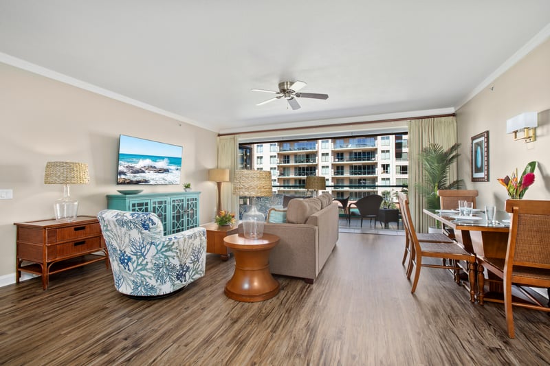 Spacious coastal retreat with open-concept living and lanai relaxation.