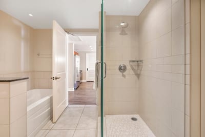 Modern bathroom with walk-in shower and relaxing soaking tub nearby.