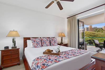 Coastal bedroom retreat with lanai access and tropical morning tranquility
