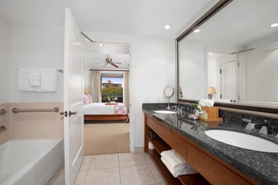 Spacious master bath with granite counter, double sinks, and open flow