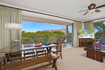 Spacious indoor dining with scenic views and tropical resort ambiance