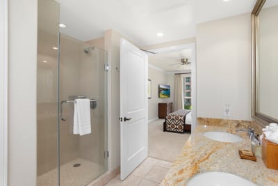 Elegant ensuite bath with glass shower, granite counters, and bedroom view.