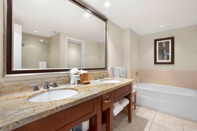 Luxurious bathroom with double sinks, granite countertops, and soaking tub.