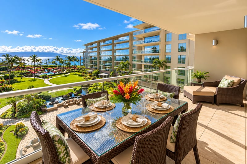 A glass topped lanai dining table with wicker chairs and tropical flowers invites meals with a garden and ocean backdrop.