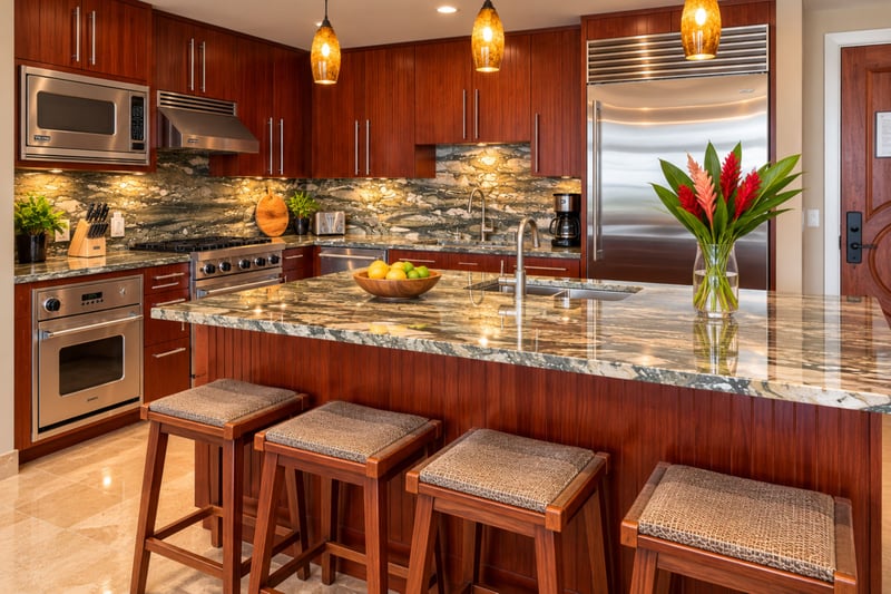 A kitchen island with bar stools and stone countertops sits beside stainless steel appliances, a handy spot for casual breakfasts.