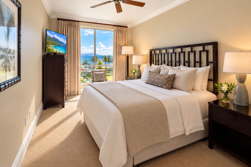 A king bed, a window onto the resort grounds, a flat screen television on the dresser and soft natural light fill this bedroom.