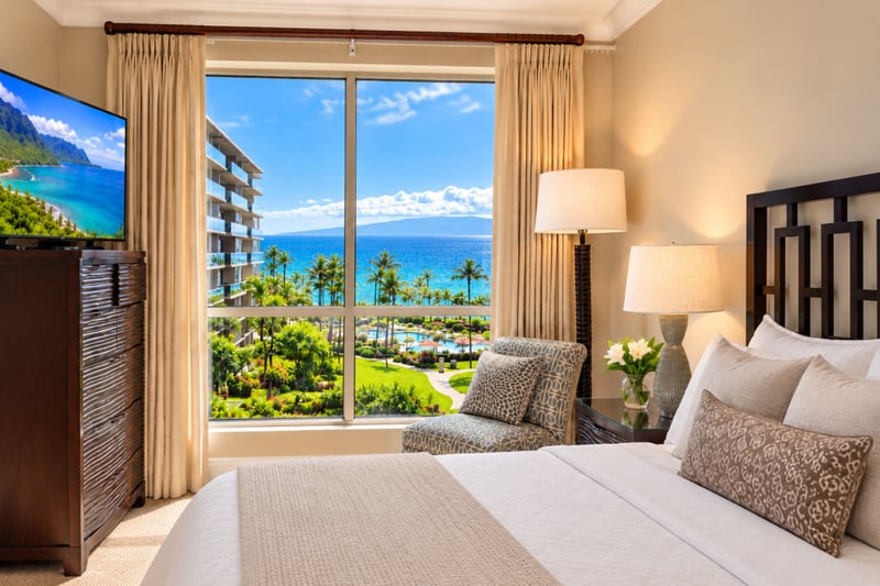 Morning light and an ocean glimpse through the window beside the bed, with a reading chair in the corner.
