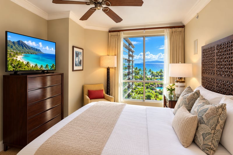 A ceiling fan, a dresser with television and a window facing the water keep this bedroom comfortable and bright.