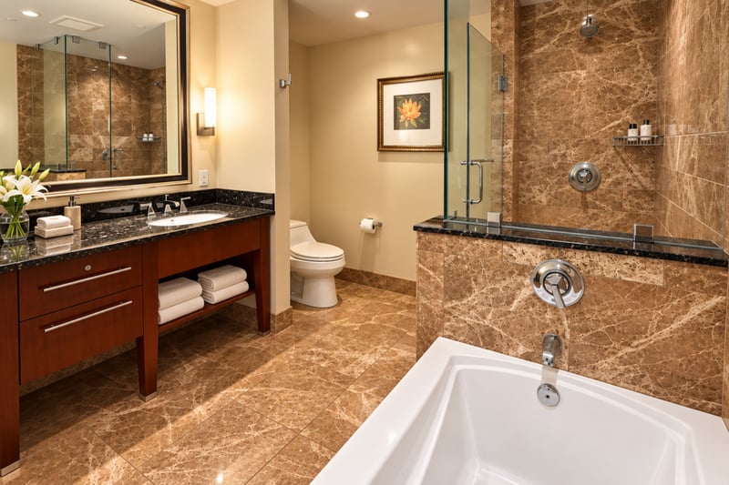 Warm brown tile surrounds a deep bathtub and glass enclosed shower, with a wood vanity and towel storage beneath the counter.