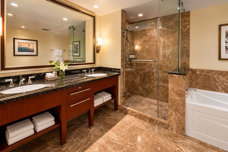 Two sinks on a wide vanity with a large mirror, stacked towels and a glass enclosed shower serve this bathroom.