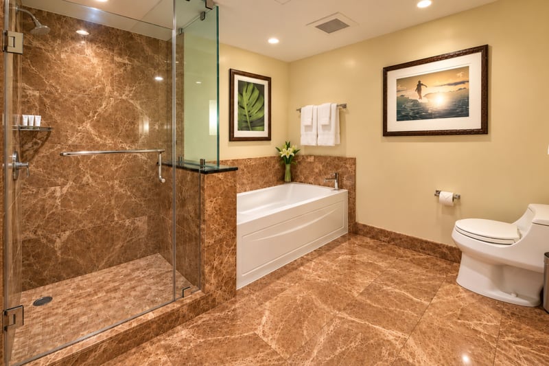 A glass enclosed shower, separate bathtub and toilet fill this roomy bathroom, finished in warm brown tile.