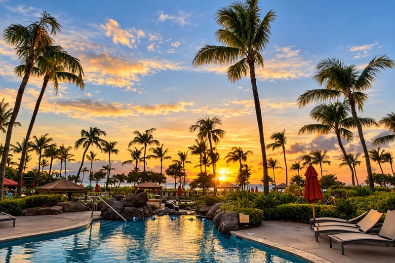 Sunset colors light the palms and resort pool, with lounge chairs along the deck for ending your day outdoors.
