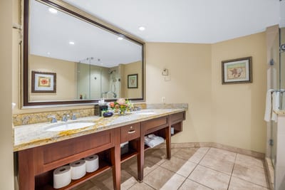Your guest bath includes dual granite vanity, a walk-in shower, and spacious layout for a comfortable daily routine.