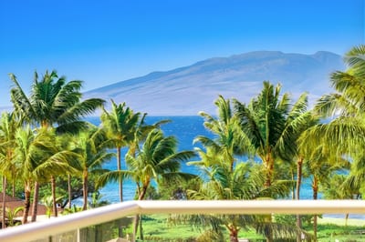 A peaceful island scene stretches out from your balcony with tropical gardens, resort pools, and ocean horizon.